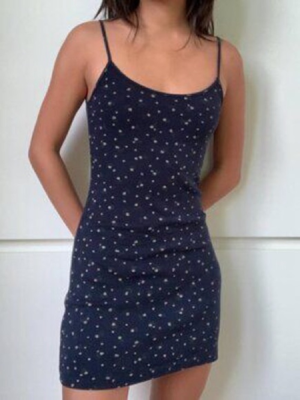 Brandy Melville Navy Spaghetti Strap Mini Dress with White Dot Print